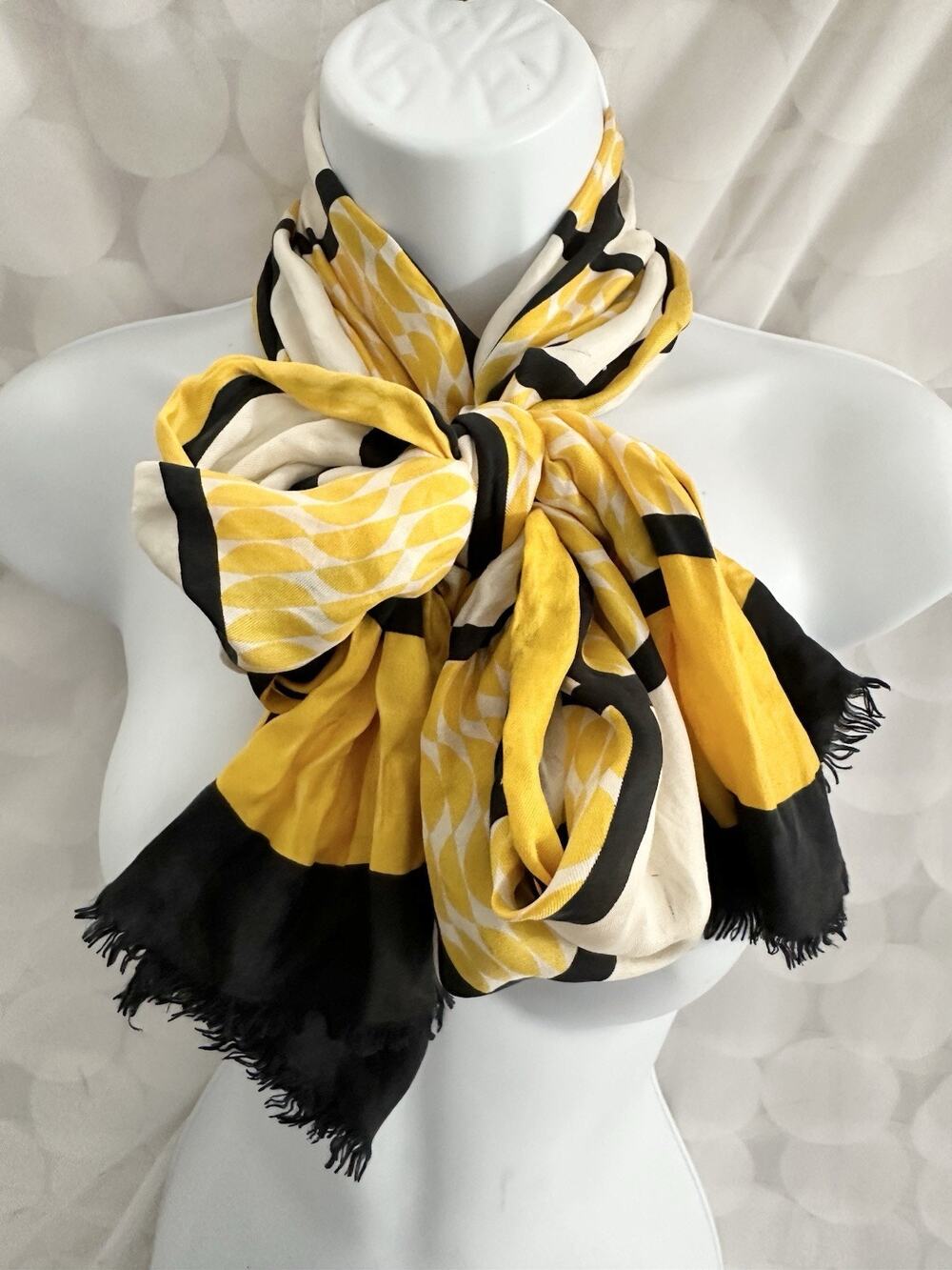 Vtg Barr & Beards 100% Silk Scarf Yellow Black Long Hand Rolled Hair Wrap Luxury